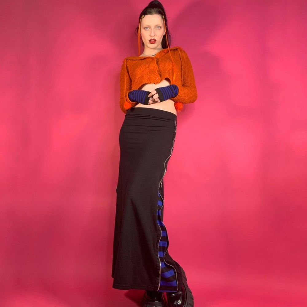 Vintage Y2K Mall Goth Silver Zipper Blue and Black Striped Maxi Skirt